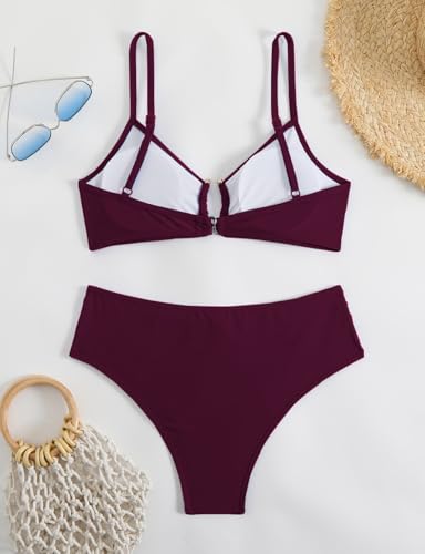 Tainehs Two Piece Swimsuits for Women Spaghetti Strap Bikini Sets Ruched V Neck Mid Rise Back Hook Bathing Suit Wine Red4