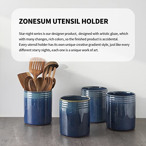 Zonesum Kitchen Utensil Holder For Countertop, 7.2" Large Ceramic Utensil Crock With Table-Protection Cork Mat, Cooking Utensil Holder For Kitchen Decor, Fathers Day Gifts, Starry Blue #TOP4