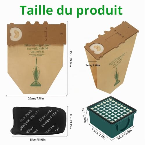 Lot de 10 sacs d'aspirateur - 1 filtre HEPA - 2 filtres moteur - Convient pour Vorwerk Foletto Kobold 130 131 – vue 2