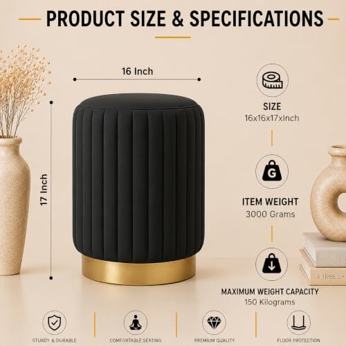 Image of Designer Velvet Round Footstool Ottoman with Sturdy Gold Metal Band Base for Home Decor & Extra Seating, Lightweight Pouf Stool for Sofa Side & Bedroom, 16x16x17 Inch (Black)