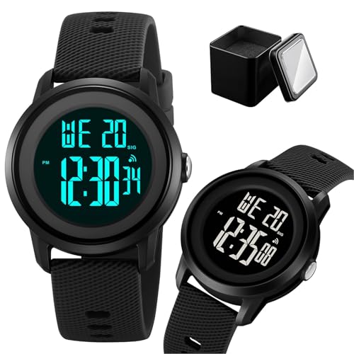 Reloj Digital LED para Hombre y Mujer, Sumergible 50M, Reloj de Exterior con Cronómetro, Temporizador, Alarma, Luz de Fondo y Correa de Silicona Cómoda(Black)