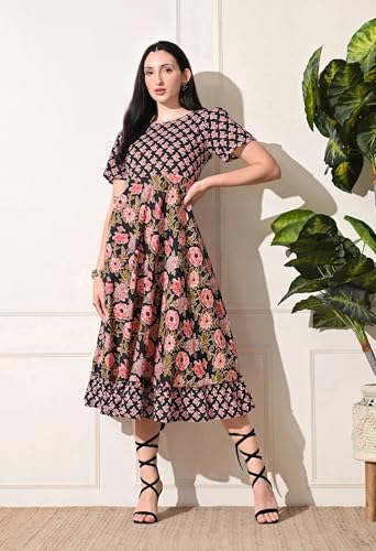 Image of Women's Floral Print Maxi Dress, Black with Pink Flowers, Short Sleeve, A-Line Style