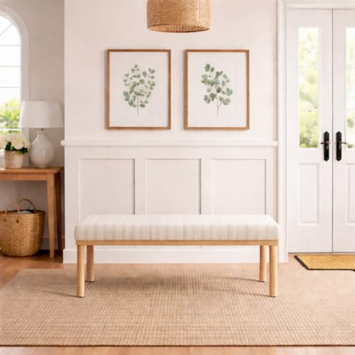 Image of HomePop 47.5 inch Oslo Bench - Marigold Pinstripe Fabric