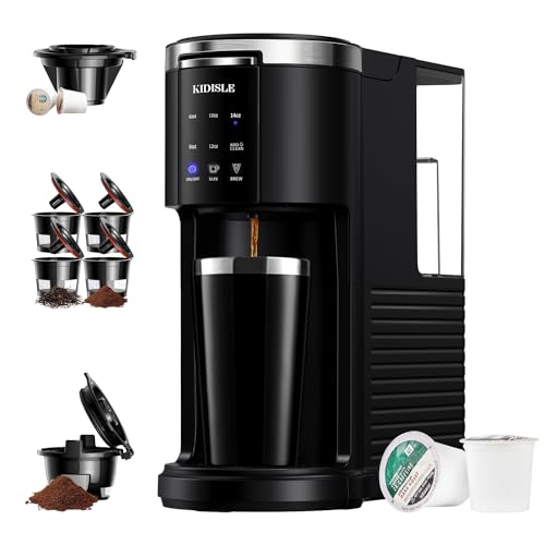 KIDISLE Single Serve Coffee Machine, 3 in 1 Pod Coffee Maker for K Cup Pods & Ground Coffee & Teas, 6 to 14oz Brew Sizes, with Stainless Steel Interior Thermal Travel Mug, Black