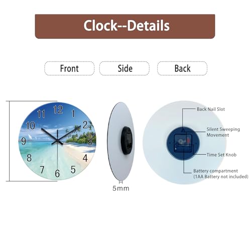 Image of XFM Beach Coastal Wall Clocks Battery Operated 20 Inch Blue Seascape | Silent Non Ticking Large Size Tropical Nautical Modern Glass Decorative for Dining Room Bedroom Home Office