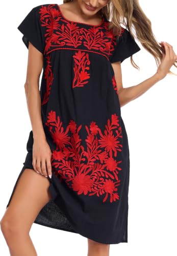 Image of YZXDORWJ Women Mexican Embroidered Long Dress Ruffle Collar Maxi Boho Floral Summer Short Sleeve