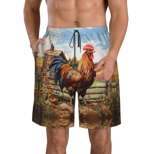Rooster on Wood in Farmland Print Stylish Beach Shorts Swim Trunks Lightweight Breathable Summer Outdoor Activities