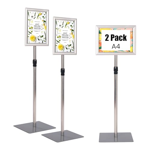 COSTWAY Porte Affiche sur Pied A4 Lot de 2, Présentoir sur Pied 360 °, Hauteur Réglable 73,5-118 cm, Cadre en Alliage d'Alu, Tube en Acier INOX, Support Affichage A4 Intérieur Extérieur (Argent x 2)