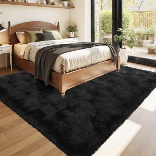 Black Rugs for Living Room Fluffy 4x6 ft Bedroom Rug Non-Slip Area Rugs Shag Carpet for Nursery Kids PlayRoom Dorm Office Indoor Modern Plush Carpets Boys