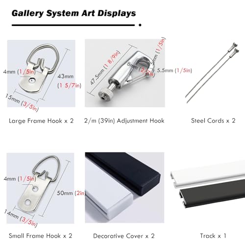 Image of AMUFJJ Heavy Duty Black Picture Hanging Wire 2 3 5 6 8 10 FT, Commercial Gallery Art Wall Rail Set for Office /Museum /School, with Installation Hardware(0.8m /2.6' Track,2m /6.6' Cable)