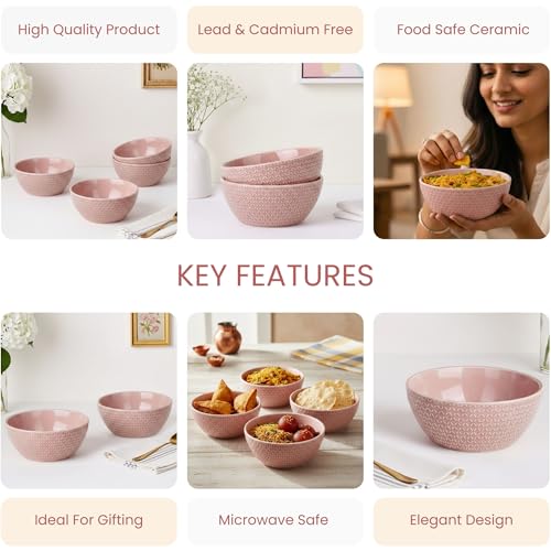 Image of The Earth Store Pink Embossed Ceramic Bowl Set of 2 - 500ML Each | Ceramic Mixing Bowls for Snacks, More | Rice, Dal, Fruits, Salad | Microwave Safe Bowl Set | Perfect for Gifting & Daily Use