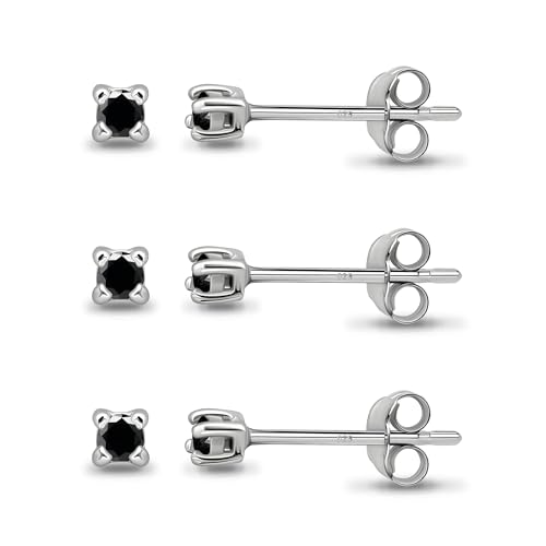 2mm Stud Earrings Sterling Silver Black Cubic Zirconia Round Stud Pierced Tiny Cartilage 2mm CZ Earrings for Men Women, 3 Pairs Multipack