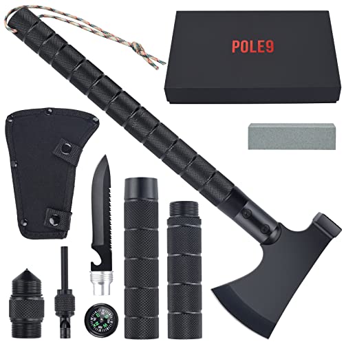 Metal POLE9 Survival Axe Multitool Ultimate Camping Companion - Ascia di sopravvivenza pieghevole con funzionalità multitool 11 in 1 per avventure all\'aperto, campeggio e uso tattico