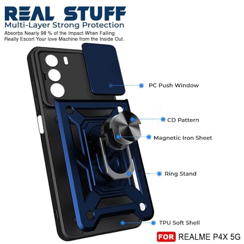 Image of AIBEX Back Cover Compatible for OnePlus Nord CE 6 Lite 5G / Realme P4X 5G | D10 Tough Armor Case | Sliding Camera Shield | 360 Protection | Kickstand Ring Holder | Military-Grade Bumper Case - Blue
