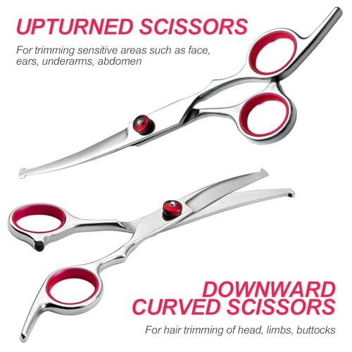 Newaner Hundeschere Set Profi, Schere aus Edelstahl mit Runder Sicherheitsspitze, Fellschere Inkl Effilierschere, Gebogene, Gerade Schere, Fellpflegekamm, für Hunde, Katzen, Violett