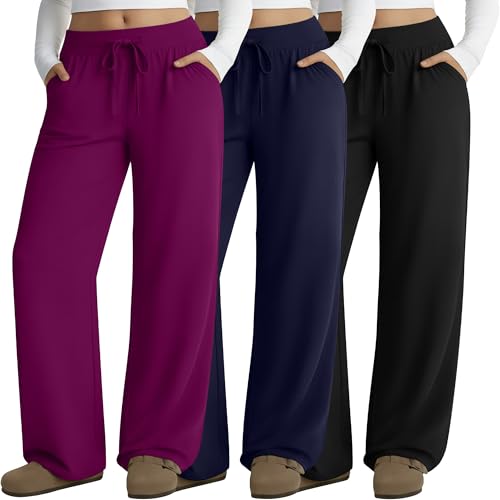 Neer 3 Pack Women's Plus Size Lounge Pants, Wide Leg Yoga Pants Baggy Drawstring Sweatpants with Pockets Casual Loose Jogger