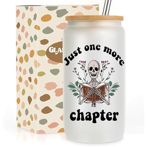 GSPY Book Lovers Gifts, 16oz Iced Coffee Glass Cup with Lid & Straw - Just One More Chapter, Reading Tumbler - Bookish Gifts, Gifts for Readers, Book Themed Halloween Gifts for Women, Bookworm Cover