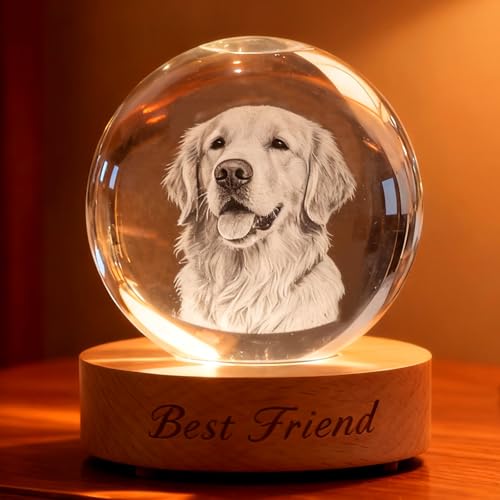 Personalized 3D Photo Crystal Ball Lamp Custom Dog Memorial Gifts Custom Engraved Crystal Globe Nightlight with Wood Base Personalized Anniversary Birthday Wedding Gifts for Pets Couple (Dog)