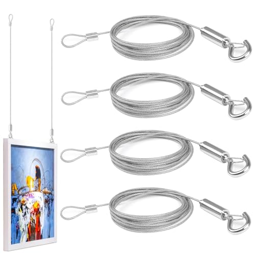 Tkxjry 4 Pezzi Fune Metallica Regolabile, Filo in Acciaio Inox con Anello, 2M * 1.5MM Filo per Appendere Foto, per Appendere Cornici, Foto, Vestiti, Luci Lampadari, Max Portante 30KG