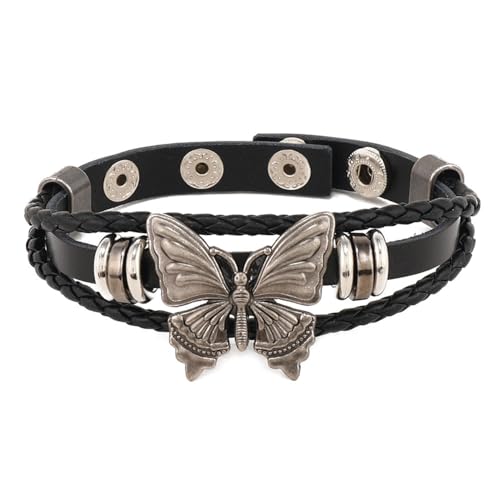 Cuff Bracelet for Women Trendy Pop Punk Grunge Retro Butterfly Faux Leather Rivet Silver Black Chocker Set Adjustable - Main Image
