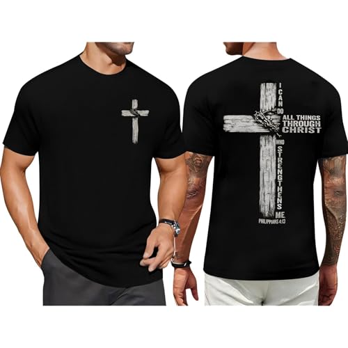 Christian Shirts for Mens Cross Jesus Graphic Shirt Bible Verse Tees Inspirational Religious Sayings Short Sleeve Tops Black