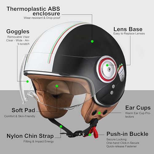 Image of Open Face Motorcycle Helmet for Adults, Half Face Moped Helmets for Men, 3 /4 Retro Vespa Helmet, Classic Vintage Motorcycle Helmet for Women, DOT Approved