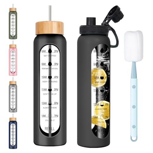 With Time Marker, 2 Lids-handle Spout Lid & Bamboo Straw Lid