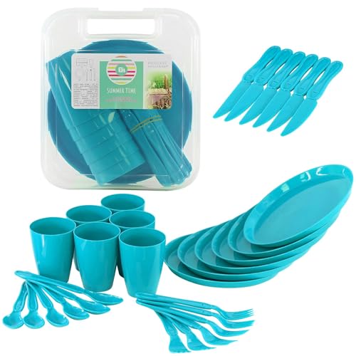 Set di 31 utensili da picnic in plastica per barbecue con coltelli, forchette, cucchiai, tazze e piatti, riutilizzabili (blu)