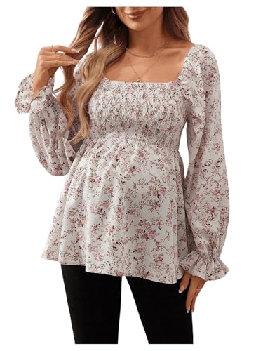 MakeMeChic Women's Maternity Blouse Floral Square Neck Ruffle Sleeve Shirts Peplum Shirred Business Office Work Tops Multicolor Large