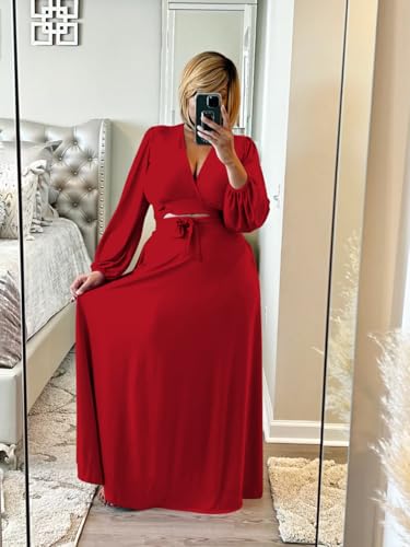 Image of Plus Size Women's 2 Piece Outfits Casual Long Sleeve Wrap Crop Top Maxi Long Dress Flowy Matching Sets