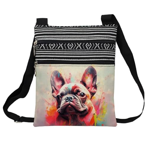 Watercolor French Bulldog Messenger Bag Small Ethnic Pattern Printed Adjustable Strap Crossbody Zipper Bag Watercolor French Bulldog Phone Bag Wallet Cute Shoulder Handbag for Women