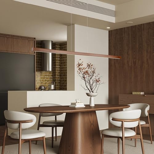 Image of 71 inch Walnut Wood Linear Pendant Light Dimmable LED Chandelier 40w Remote Adjustable Hanging Height Modern Farmhouse Minimalist Fixture for Kitchen Island Dining Room & Bar