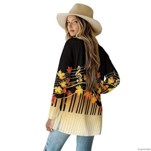 Image of Fall Maple Leaf Cardigan Sweaters for Women Long Sleeve Cardigan Soft Drape Open Front Dusters V-Neck Jackets Dressy