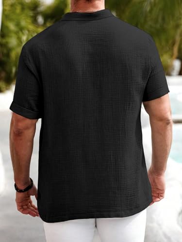 Image of Men Shirt | Black Textured Cotton Blend | Regular Fit Casual Shirt | Half Short Sleeve | Mandarin Chinese Collar | Button Down | Summer Office Wear | Stylish Shirt for Men