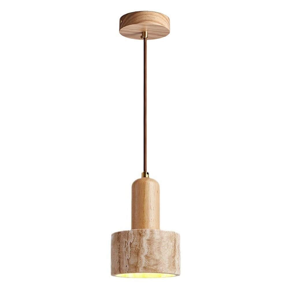 KXEcoLife Natural Yellow Travertine Pendant Light Solid Wood Finish Chandelier Modern Cave Stone Ceiling Fixture for Bedroom Living Room Hallway