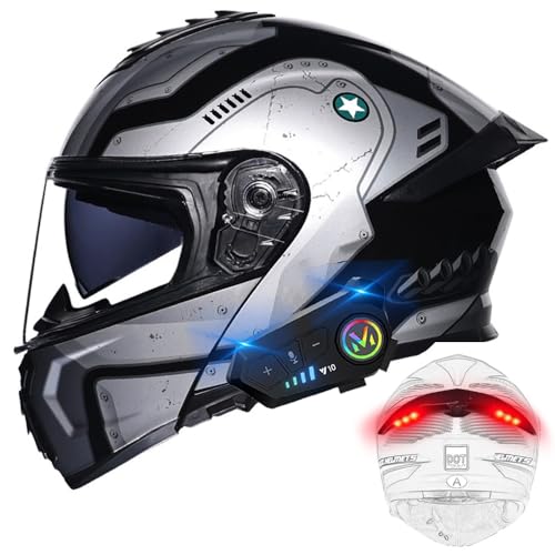 BYGMWEP Bluetooth Casco Modulare per Moto con Luce di Coda, Casco da Moto a Doppia Visiera Integrati Omologato ECE, con Doppio Altoparlante e Microfono, per Adulti Uomini e Donne M~XXXL