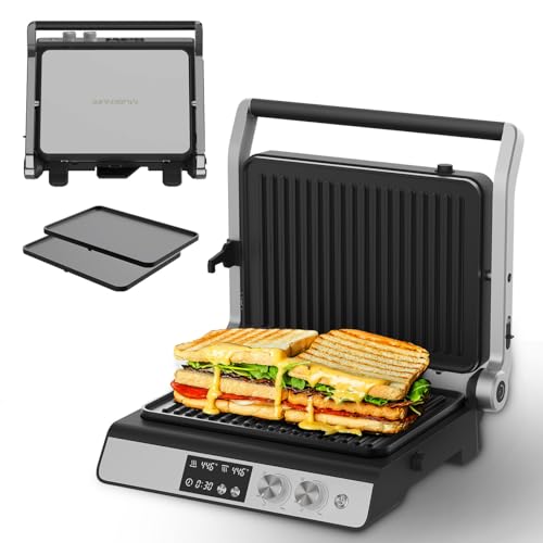 Panini Press,4 Slices Contact Grill with Removable Non-Stick Coated Grill and Flat Plates,Panini Makers with Temperature Control and Timer,Open 180 Degrees,Grill and Griddle (Silver with digital)