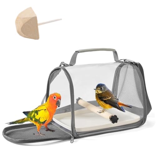 Bolsa de Transporte de pájaros,Bolsa de Viaje,Totalmente Transparente,19.5 * 26 * 19cm,Portador de pájaros portátil con Bandeja de plástico,Poste de Madera,para Mascotas pequeñas,1 Piedra de molares