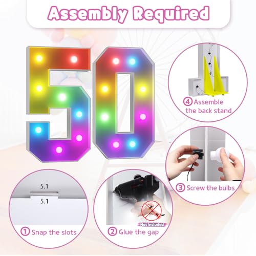 Image of Imprsv Colorful 3FT Marquee Numbers Light up Numbers 50 Birthday Decoration | RGB with Remote, Party Decorations Anniversary Wedding Decorations Assembly Required Foam Board 40 Pcs Accessory Set