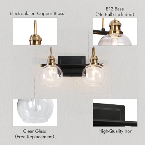 Image of KSANA Black Gold Vanity Light, Modern 2-Light Bathroom Light Fixture with Clear Glass Globes, Electroplating Brass 14.5 inchL Vanity Lighting Over Mirror