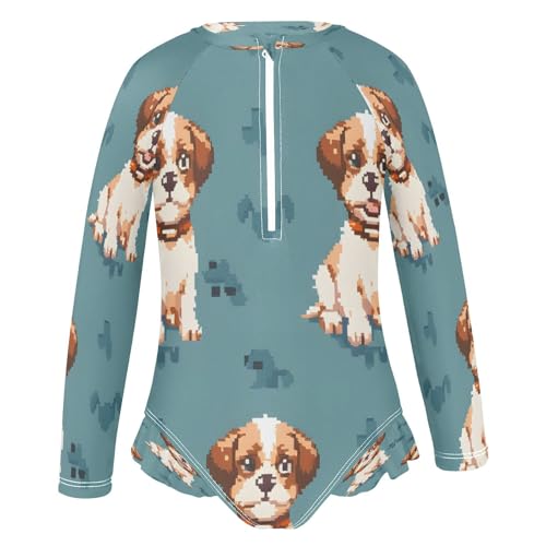 senya Toddler Girl Long Sleeve Ruffle Swimsuit One Piece Zipper Rash Guard Bathing Suit with UPF 50+ Brown White Puppy2