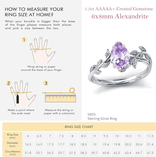 Wasee June Birthstone Ring 925 Sterling Silver Alexandrite Ring Pear Shaped Leaf Promise Ring for Her Birthday Anniversary Mother's Day Jewelry Gifts for Women,Ring Size 6 by Wasee - Image 5