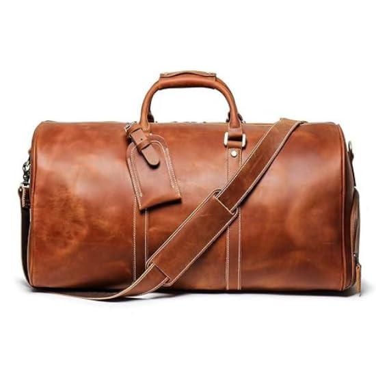 Full Grain Leather Weekender Bag | Classic Men's Overnight Duffel with YKK Zipper, 20-inch Vintage Leather Duffle | Brown2