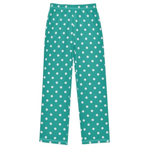 Pfrewn Pajama Pants Polka White Dot Teal Casual Lounge PJ Bottoms with Pockets, L