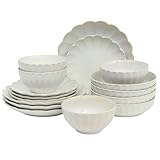 Gibson Elite Malibu Shore 16 Piece Scallop Stoneware Reactive Glaze (Service for 4) Ceramic Plates and Bowls Dinnerware Set - Shiny Cream White