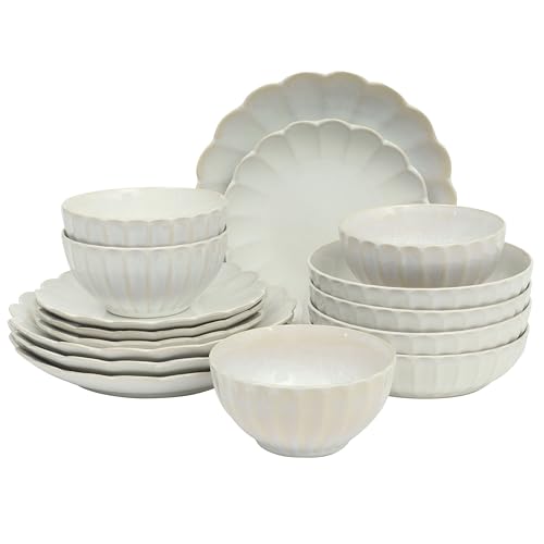 Gibson Elite Malibu Shore 16 Piece Scallop Stoneware Reactive Glaze (Service for 4) Ceramic Plates and Bowls Dinnerware Set - Shiny Cream White