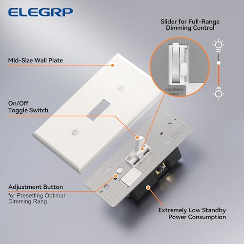 Image of ELEGRP Digital Toggle Dimmer Switch for Dimmable LED, CFL and Incandescent Light Bulbs, Single Pole or 3-Way Toggle LED Dimmer Light Switch, Wall Plate Included, UL Listed, 2 Pack, White