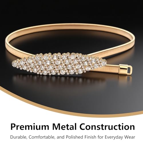 Gold Belt for Dress Women Dressy Thin Women's Rhinestone Skinny Metal Elastic Belt for Plus Size Curvy Formal Belt for Evening Dresses Waist Size 28"-35"3