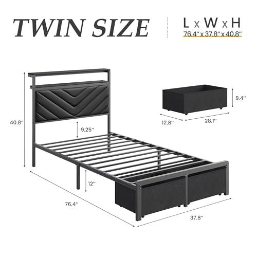 Image of Fluest Twin Bed Frame with Storage Drawers, Upholstered Headboard with Charging Station, LED Lights, Fabric Drawers with Wheels, Under Bed Storage, No Box Spring Needed, Easy Assembly, Black