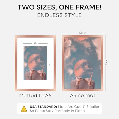 Image of Homeforia A5 Frame Rose Gold, High End Metal 5.8 x 8.3 Picture Frames Matted to 4.1 by 5.8 inch Art, A5 Display Photo Frame with Mat A6, 5.8x8.3 Rose Poster Frames, Tempered Glass, Wall Kit, Set of 1